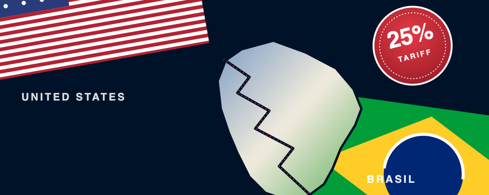 Editorial graphic of a cracked Brazil map between the US and Brazilian flags, stamped 25% tariff