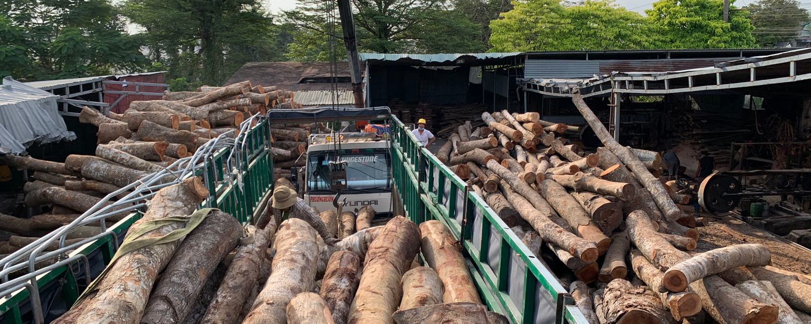 Container ship loading timber at a port